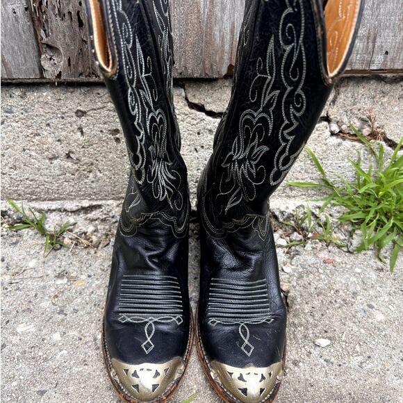 Justin | Women's Vintage Steel Toe Embroidered Leather Cowboy Boots Black Size 7 - Picture 4 of 8